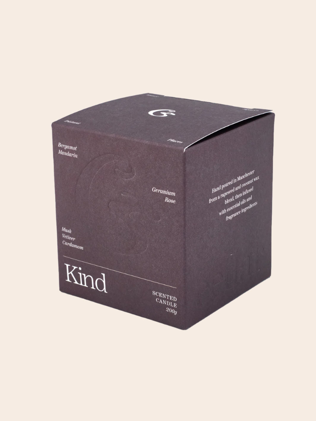 Kind 200g scented candle in eco-friendly box – hand-poured in Manchester with a rapeseed and coconut wax blend, featuring fragrance notes of bergamot, mandarin, geranium, rose, musk, vetiver, and cardamom.