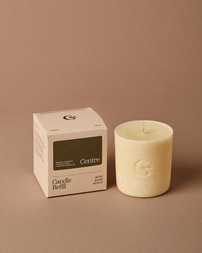 A candle refill next to a box with the label &