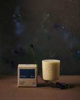 Candle refill  and packaging with lavender on a dark background