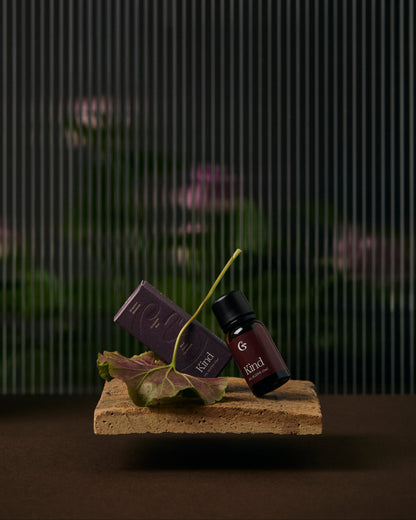 A bottle of essential oil and a box both names &